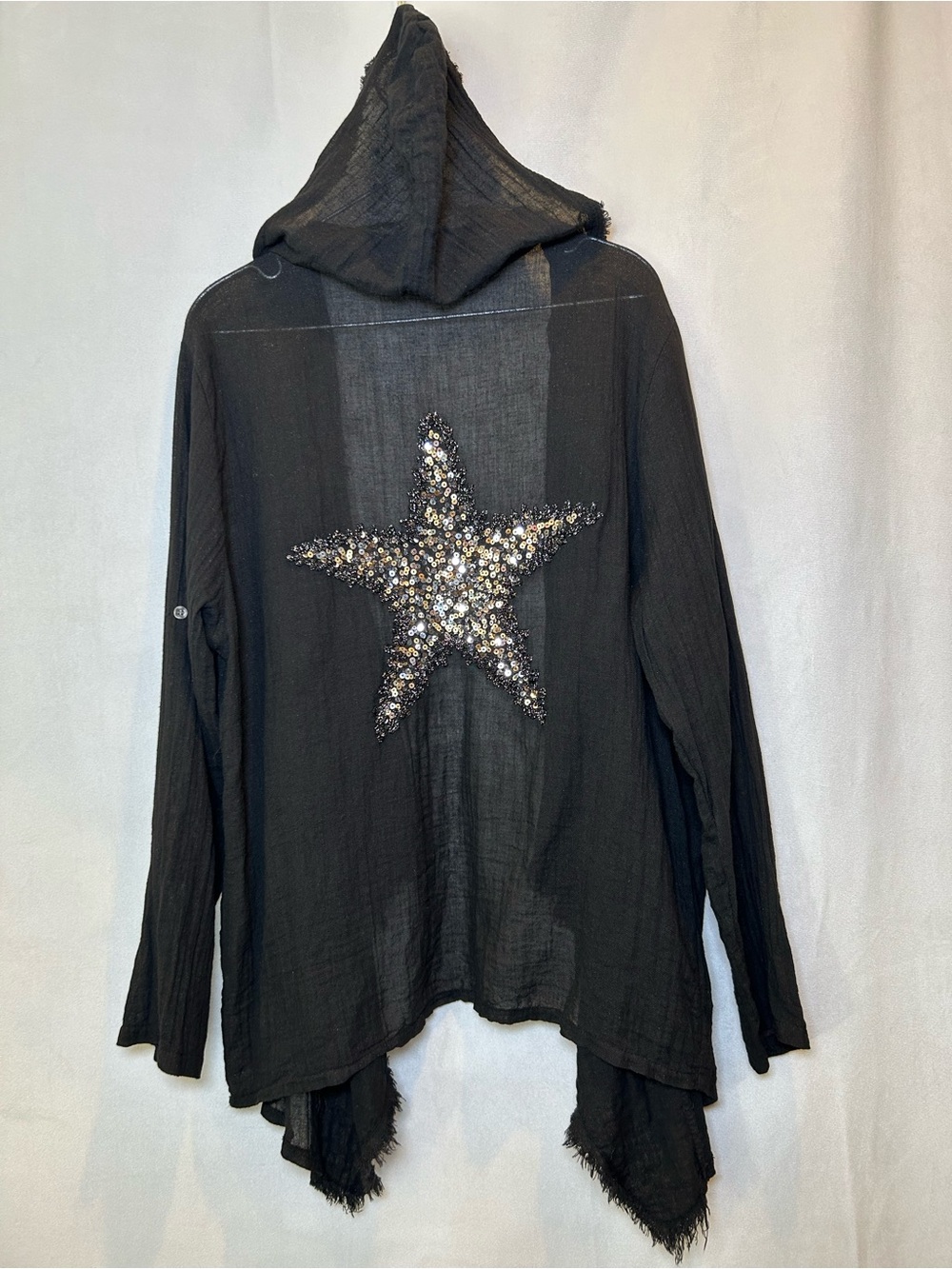 Elissia Linen Blend Hooded Star Sequin Open Front Cardigan Made in Italy S/M